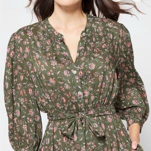 Amour Vert Olive Green Floral Dress with Pink Accents